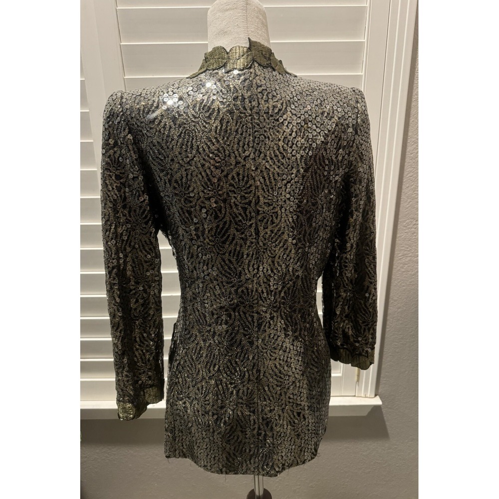 Vtg Black Gold Leaf Sequin Silk Evening Cocktail Jacket Holiday Elegant 10 L Med - Picture 6 of 12